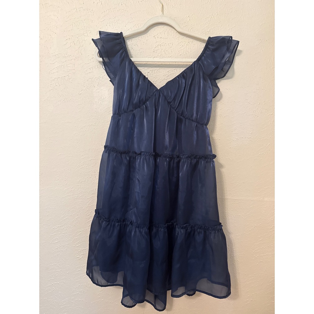 Peach Love California Navy Blue Tiered Ruffle Shimmer Mini Dress Medium Bow Back